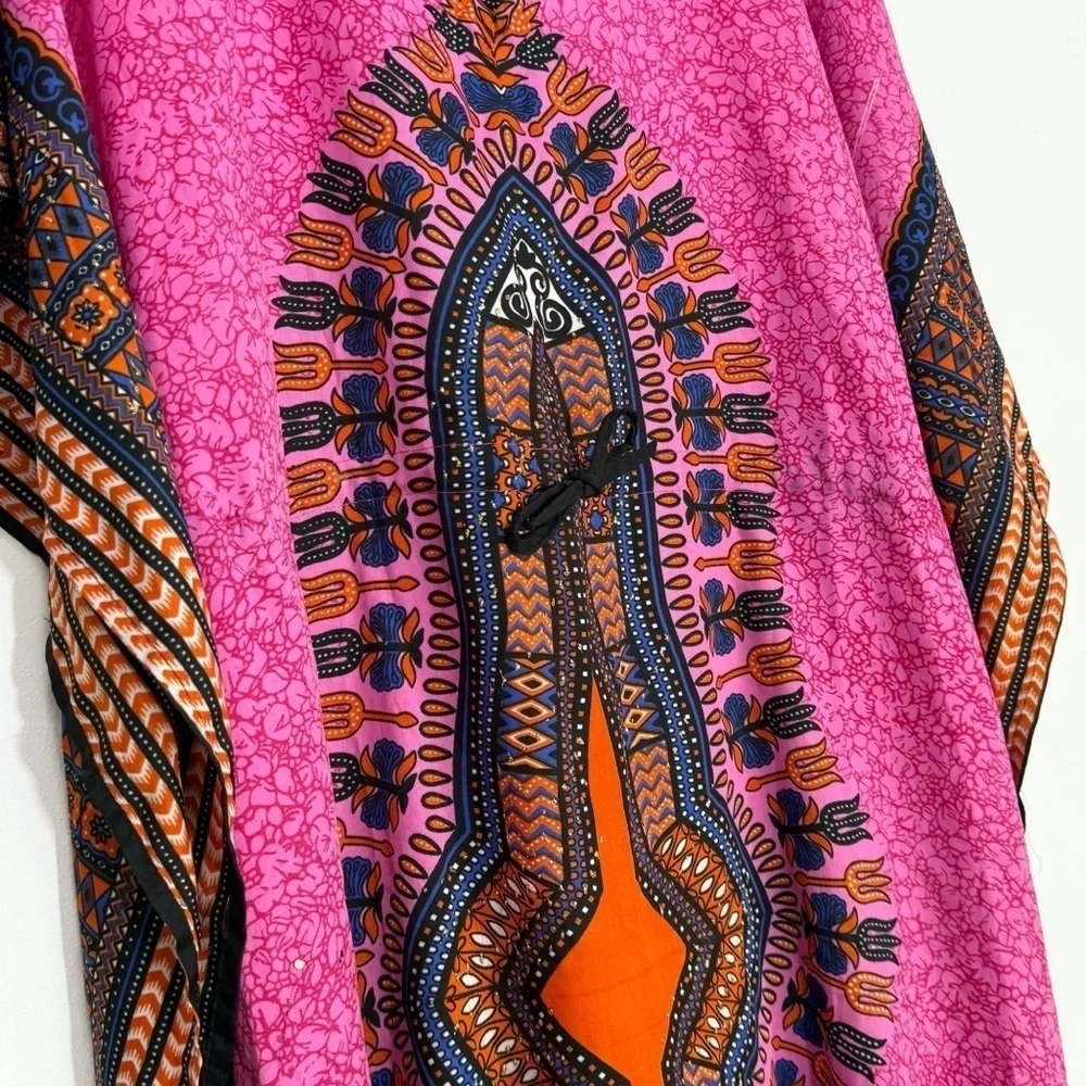 African Print Kaftan Cover up Dress With Drawstring, Pink Orange Black size S/M